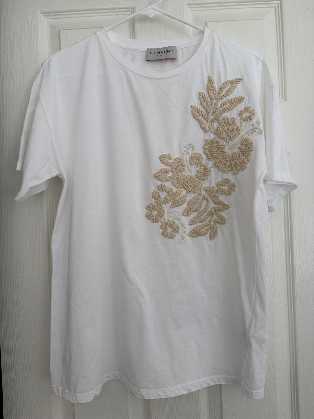 Ermanno Scervino White Tee with Beige Floral Embroidery Sz IT44 Large